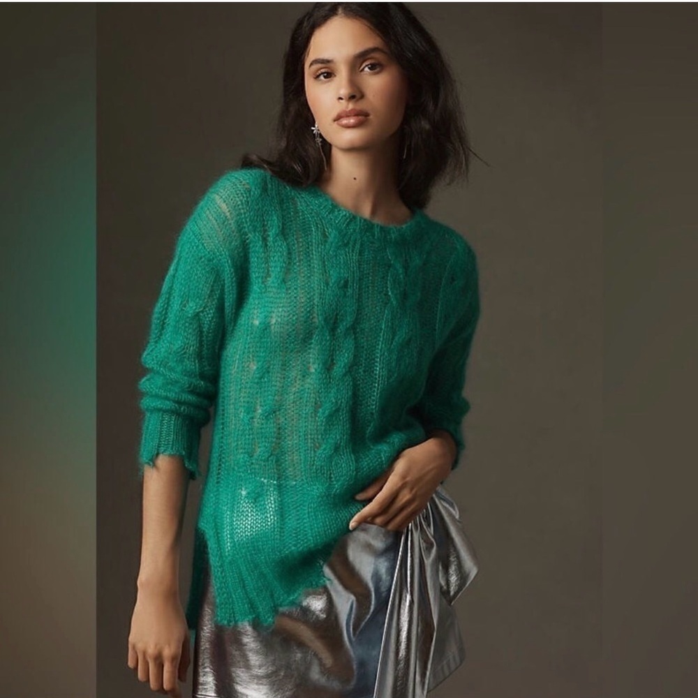 BY ANTHROPOLOGIE Posey Stitched Distressed Wool Blend SweaterGreen Size Small